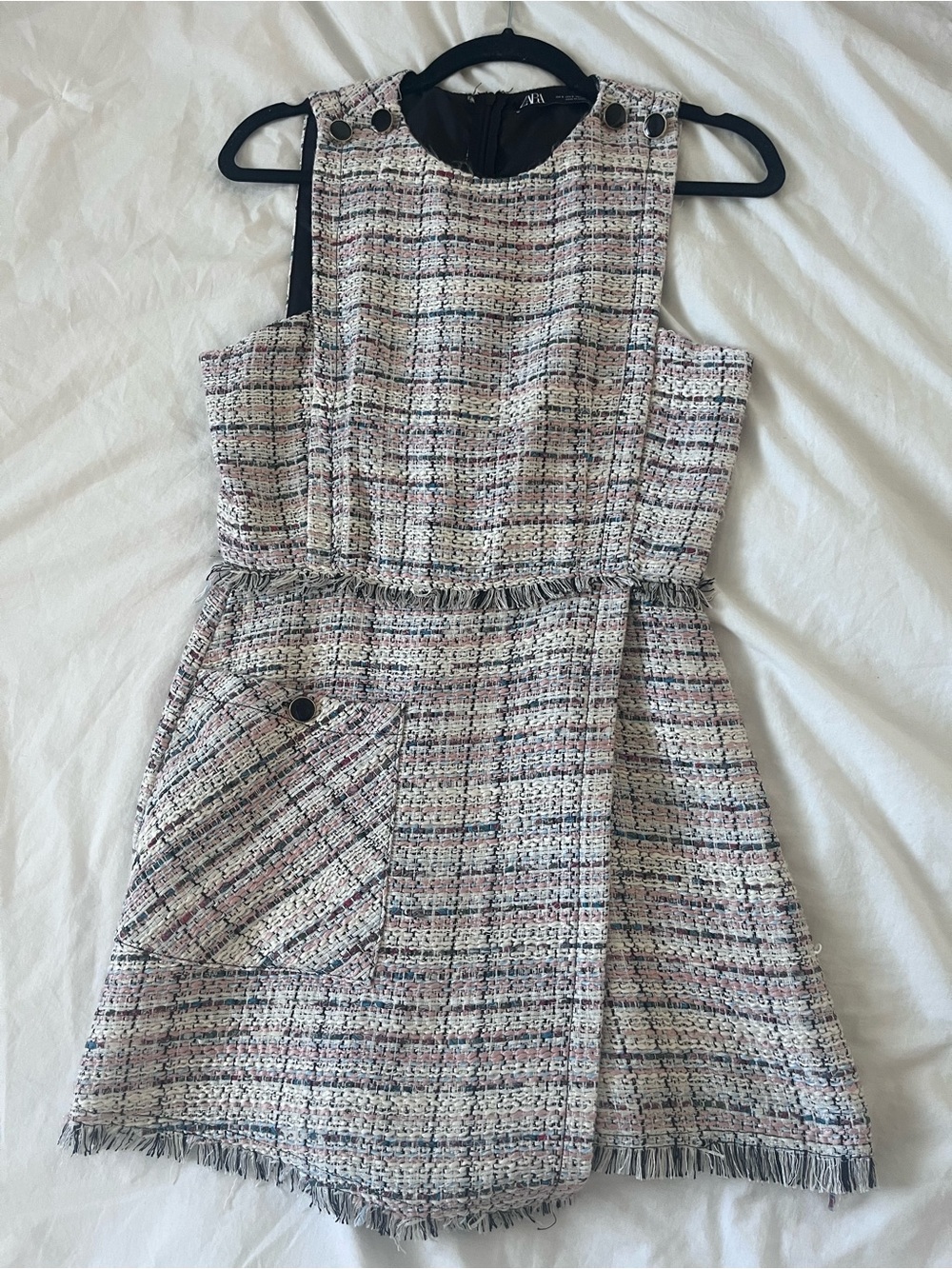 Zara Tweed Fringed Romper Skort Dress Pink Plaid S